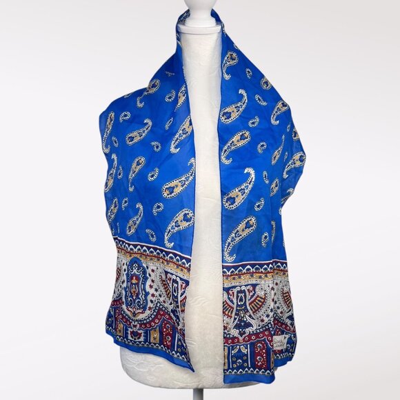 Vintage Sarah Coventry Paisley Scarf Blue Red Gold Boho Mod Rectangle - Picture 1 of 8